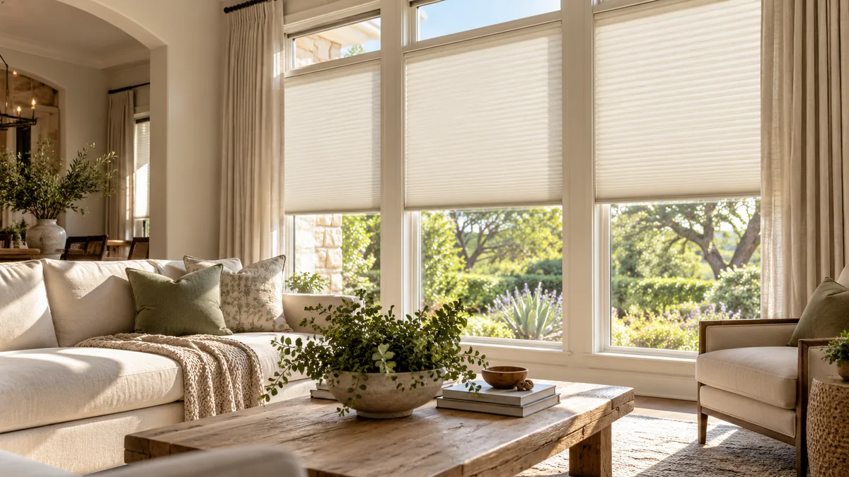Pleated cellular shades and linen curtains filtering strong sunlight