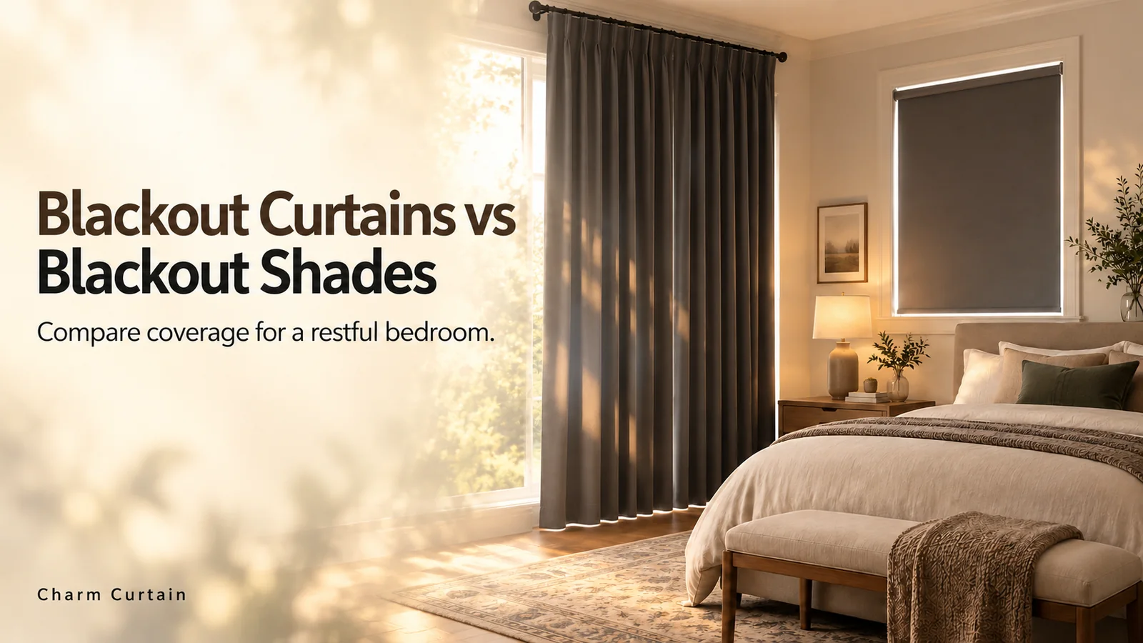 Blackout Curtains vs Blackout Shades guide cover with layered bedroom window treatments
