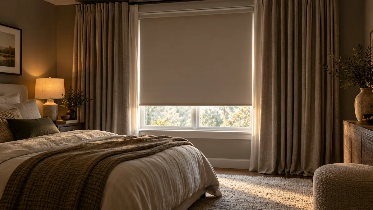 Bedroom with an opaque roller shade and full-length blackout curtains