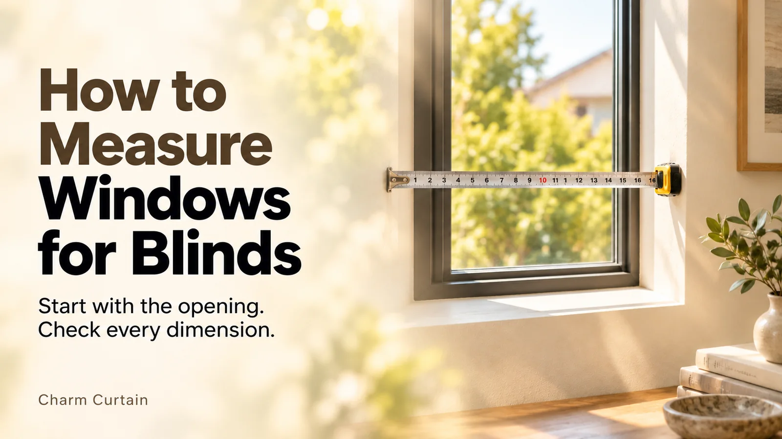 How to Measure Windows for Blinds guide cover with a recessed window and measuring tools