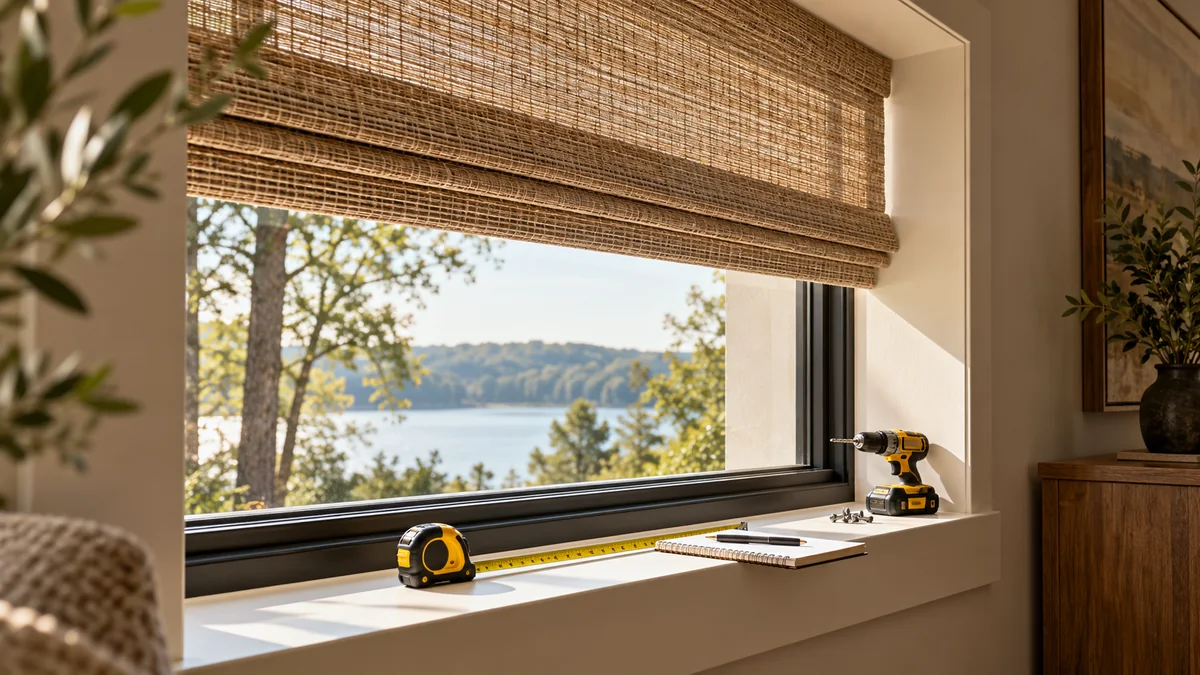 Measuring tape and notebook on a recessed window sill