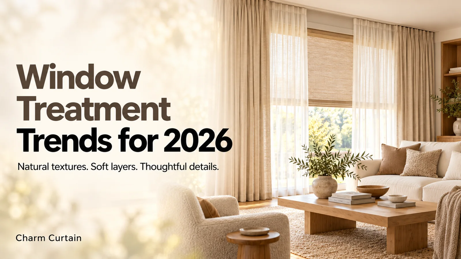 Window Treatment Trends for 2026 guide cover with layered linen curtains and woven shades