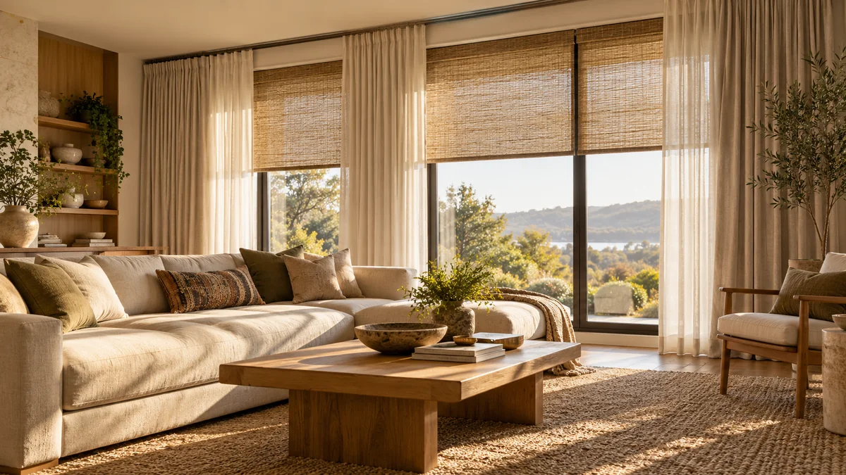 Layered linen curtains and woven shades in a warm neutral living room