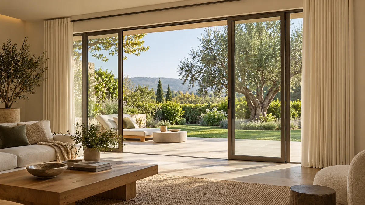 Ivory curtains stacked beside wide sliding glass patio doors