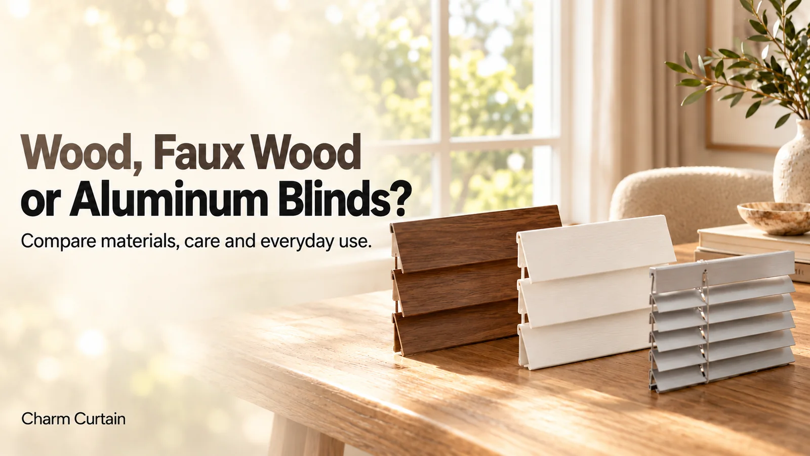 Wood, Faux Wood or Aluminum Blinds guide cover with three blind material samples