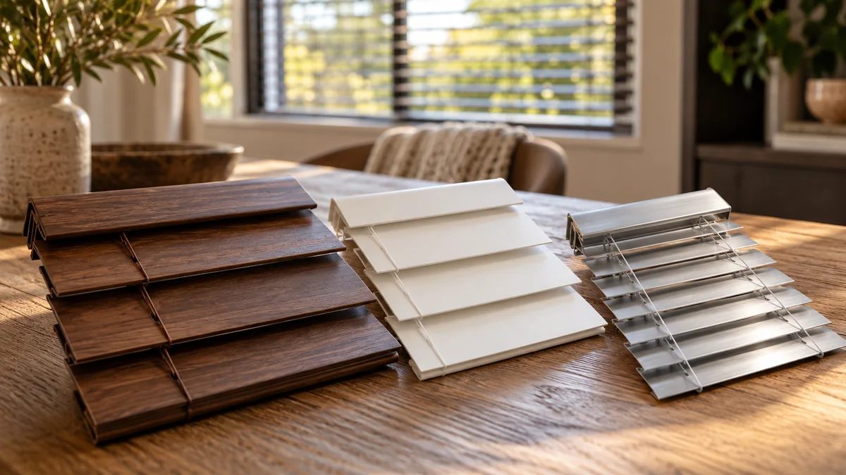 Wood, white faux wood and aluminum blind slat samples on an oak table