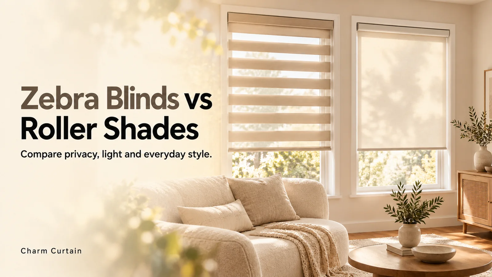 Zebra Blinds vs Roller Shades guide cover with banded zebra blinds and an ivory roller shade