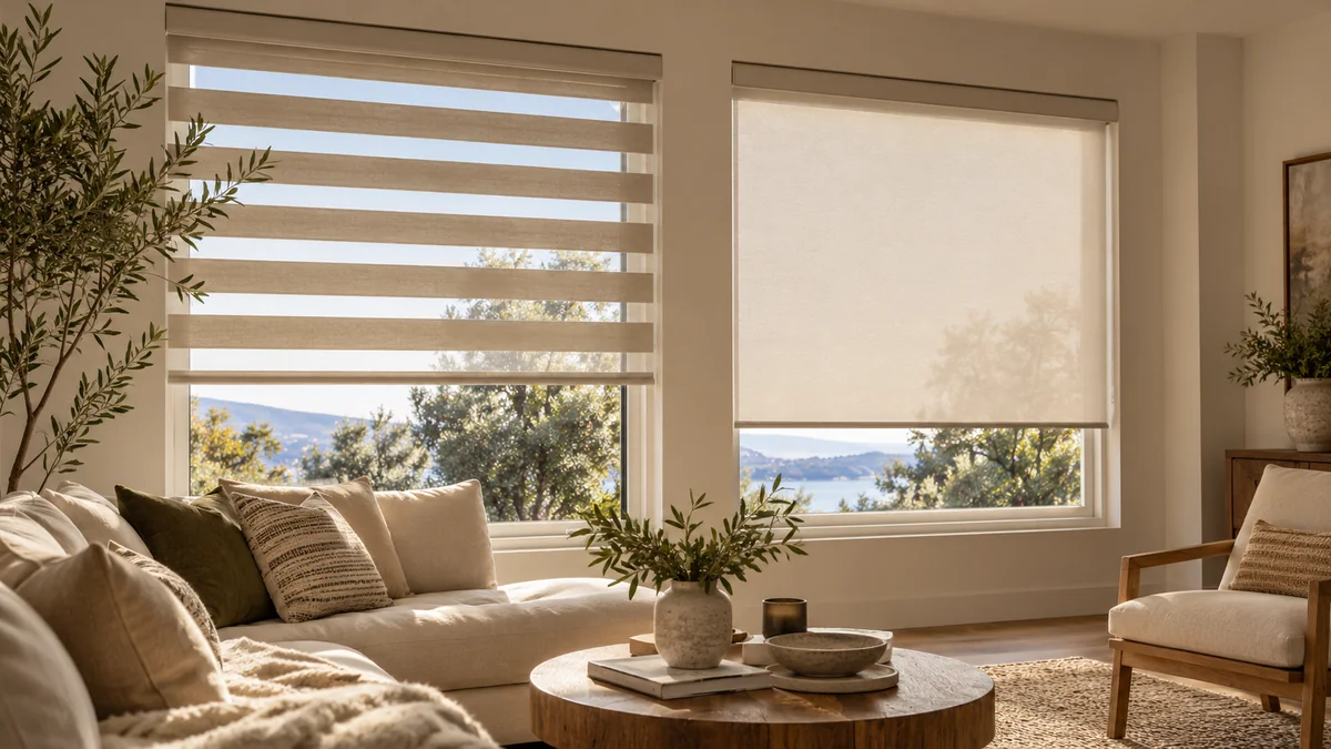 Adjacent windows with beige zebra blinds and an ivory roller shade